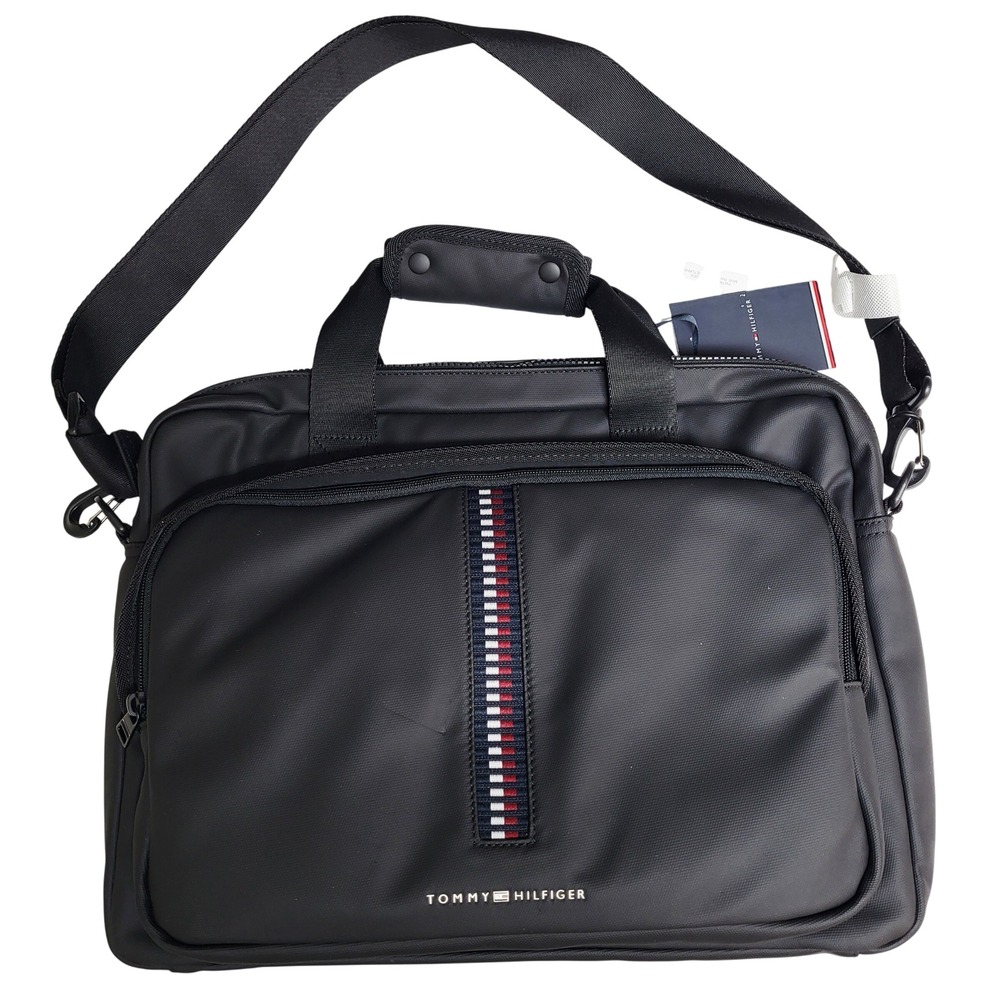 NEW Tommy Hilfiger Black Nylon 16" Laptop Messenger Bag Briefcase OS TU